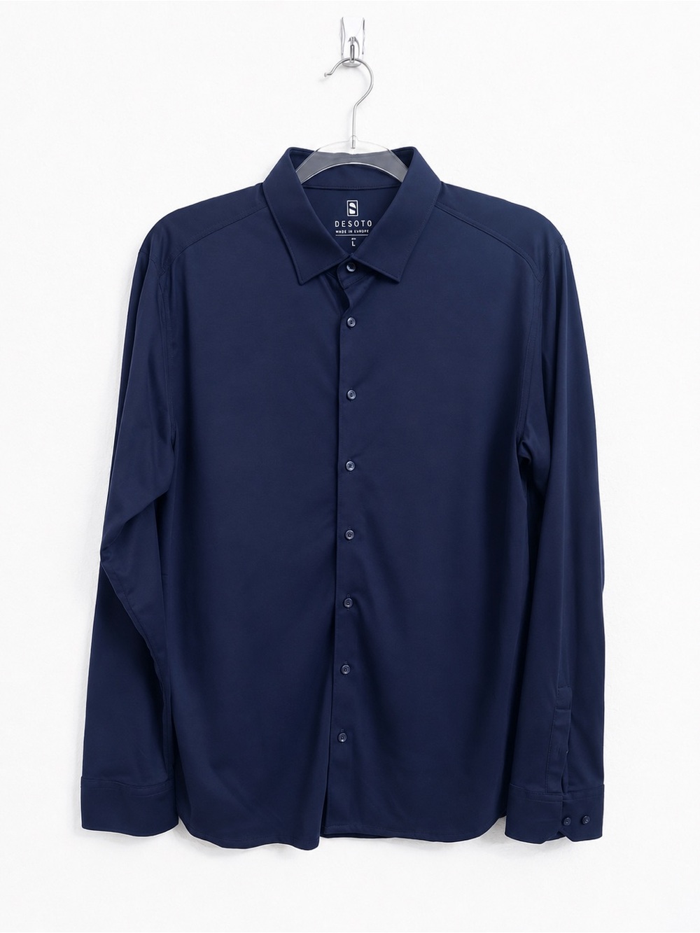 DESOTO Navy Blue Long-Sleeve Button-Down Shirt Jersey Stretch Knit